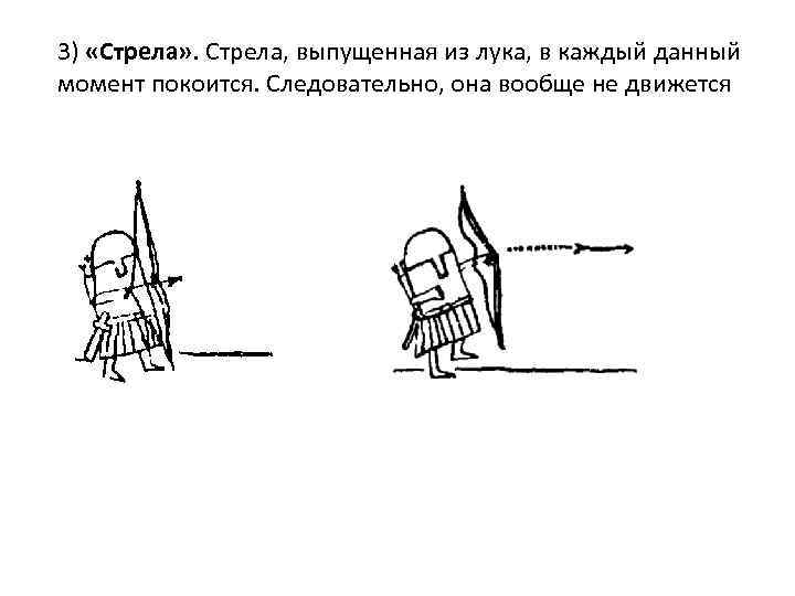 3) «Стрела» . Стрела, выпущенная из лука, в каждый данный момент покоится. Следовательно, она