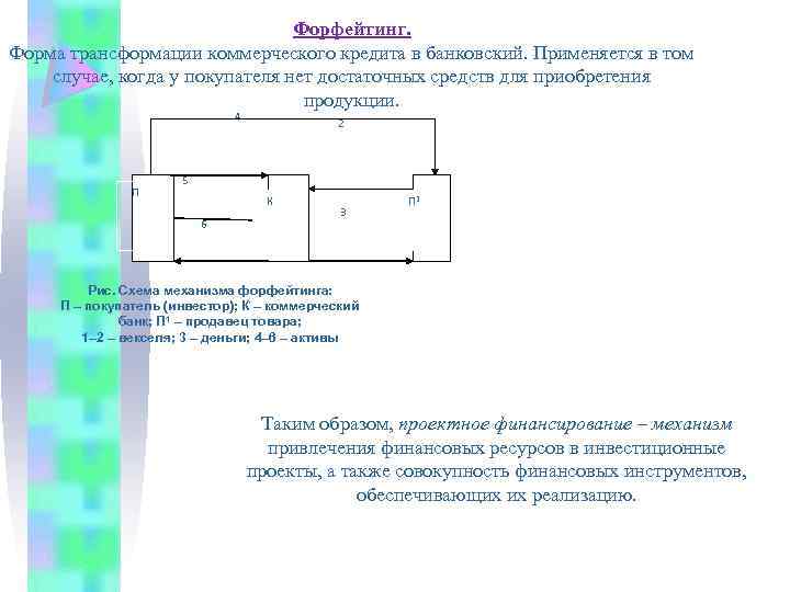 Форфейтинг. Форма трансформации коммерческого кредита в банковский. Применяется в том случае, когда у покупателя