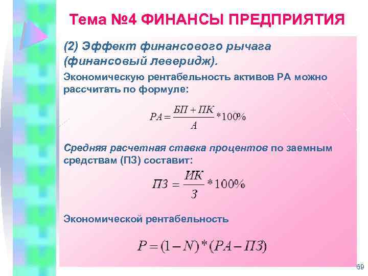 Тема № 4 ФИНАНСЫ ПРЕДПРИЯТИЯ (2) Эффект финансового рычага (финансовый леверидж). Экономическую рентабельность активов