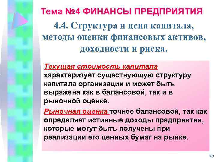 Тема № 4 ФИНАНСЫ ПРЕДПРИЯТИЯ 4. 4. Структура и цена капитала, методы оценки финансовых
