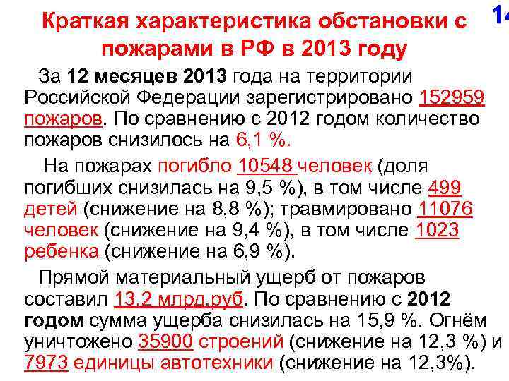 Краткая характеристика обстановки с 14 пожарами в РФ в 2013 году За 12 месяцев