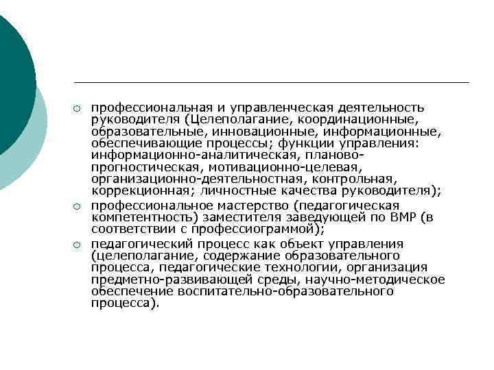 ¡ ¡ ¡ профессиональная и управленческая деятельность руководителя (Целеполагание, координационные, образовательные, инновационные, информационные, обеспечивающие