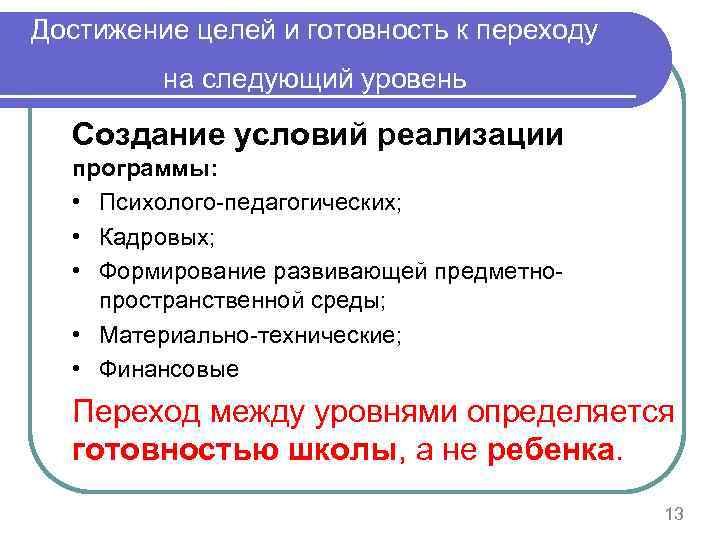 Достижение целей и готовность к переходу на следующий уровень Создание условий реализации программы: •