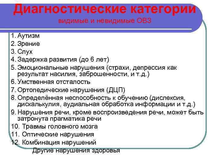 Диагностические категории видимые и невидимые ОВЗ 1. Аутизм 2. Зрение 3. Слух 4. Задержка