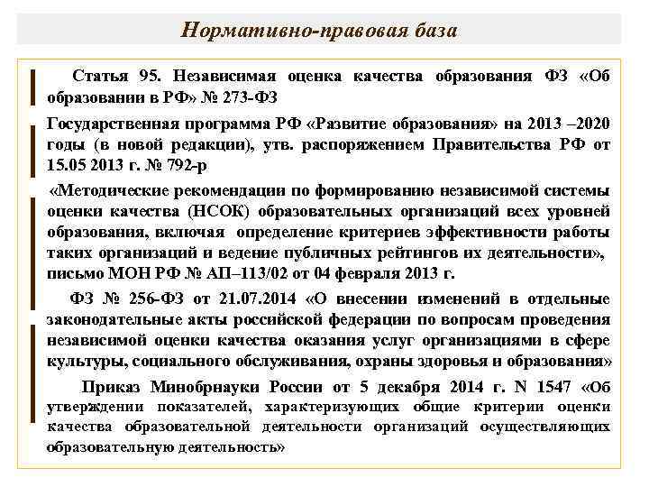 Нормативно-правовая база Статья 95. Независимая оценка качества образования ФЗ «Об образовании в РФ» №