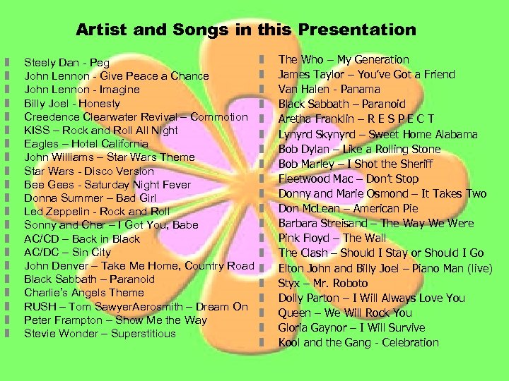 Artist and Songs in this Presentation z z z z z z Steely Dan