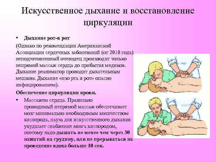 Искусственное дыхание и восстановление циркуляции • Дыхание рот-в рот (Однако по рекомендации Американской Ассоциации