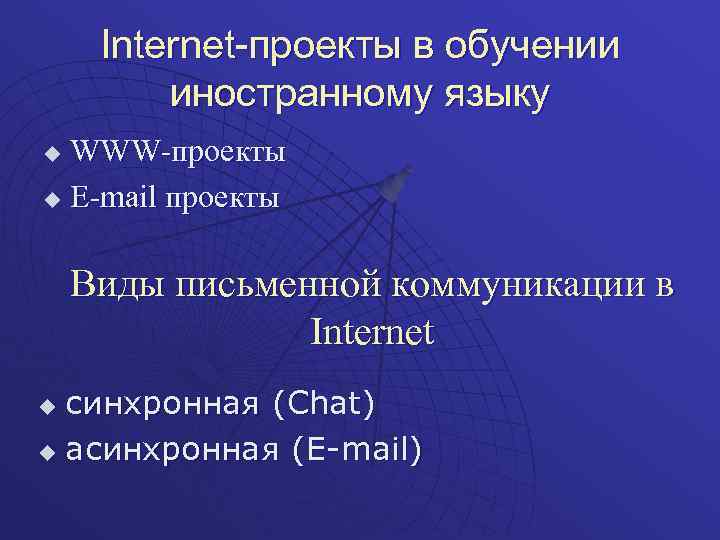 Internet-проекты в обучении иностранному языку WWW-проекты u E-mail проекты u Виды письменной коммуникации в