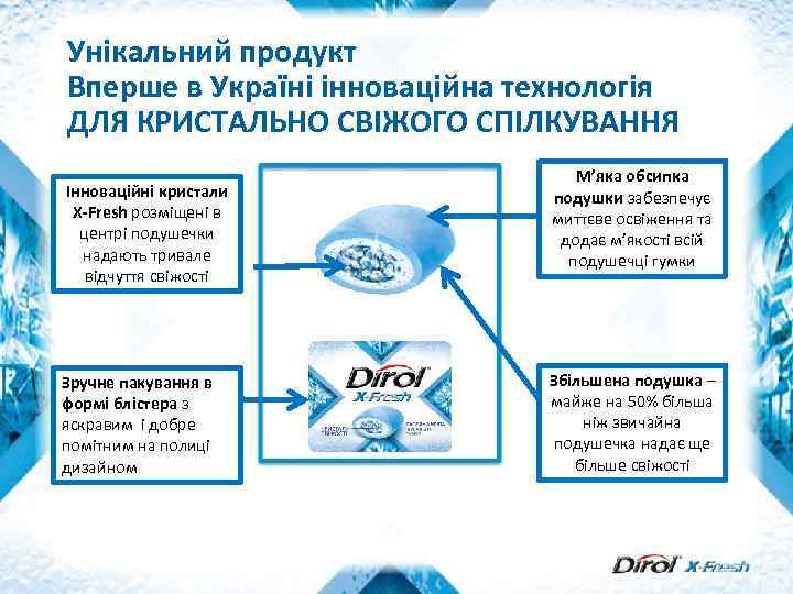 Унікальний продукт Вперше в Україні інноваційна технологія ДЛЯ КРИСТАЛЬНО СВІЖОГО СПІЛКУВАННЯ Інноваційні кристали X-Fresh