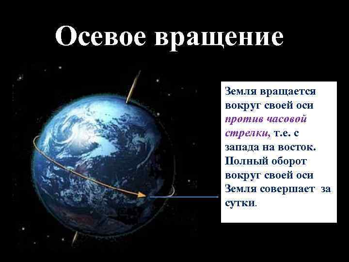 Осевое вращение Земля вращается вокруг своей оси против часовой стрелки, т. е. с запада