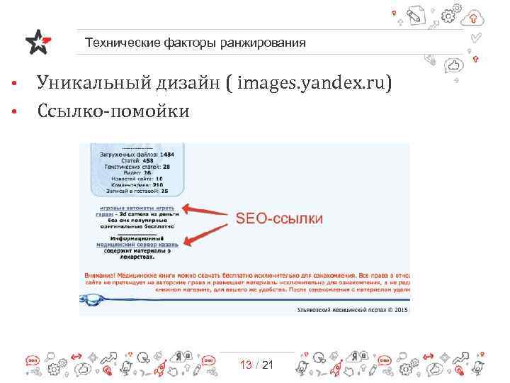 Технические факторы ранжирования Уникальный дизайн ( images. yandex. ru) • Ссылко-помойки • 13 /