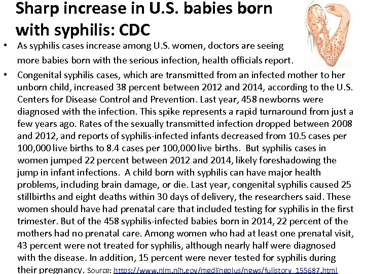 Sharp increase in U. S. babies born with syphilis: CDC • As syphilis cases