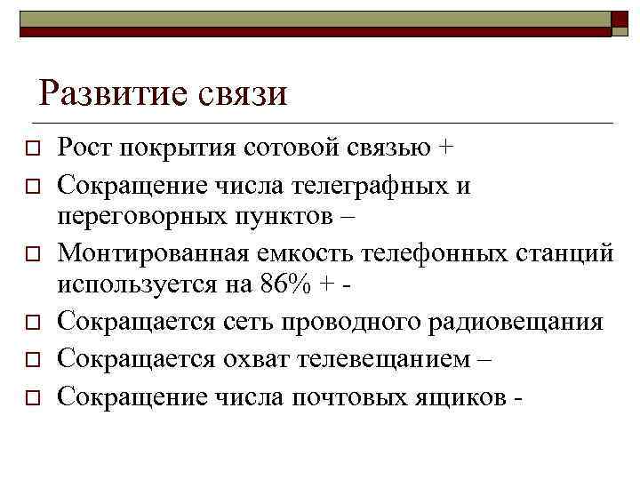 Развитие связи o o o Рост покрытия сотовой связью + Сокращение числа телеграфных и