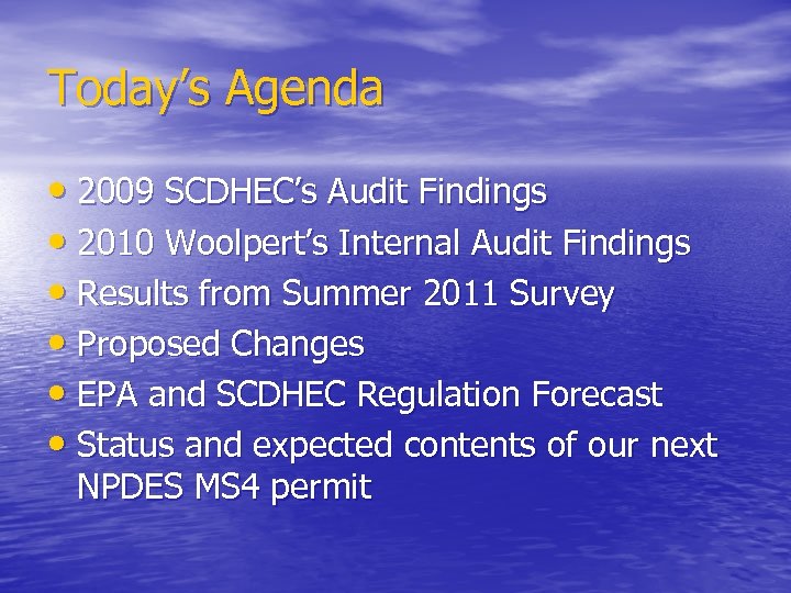 Today’s Agenda • 2009 SCDHEC’s Audit Findings • 2010 Woolpert’s Internal Audit Findings •