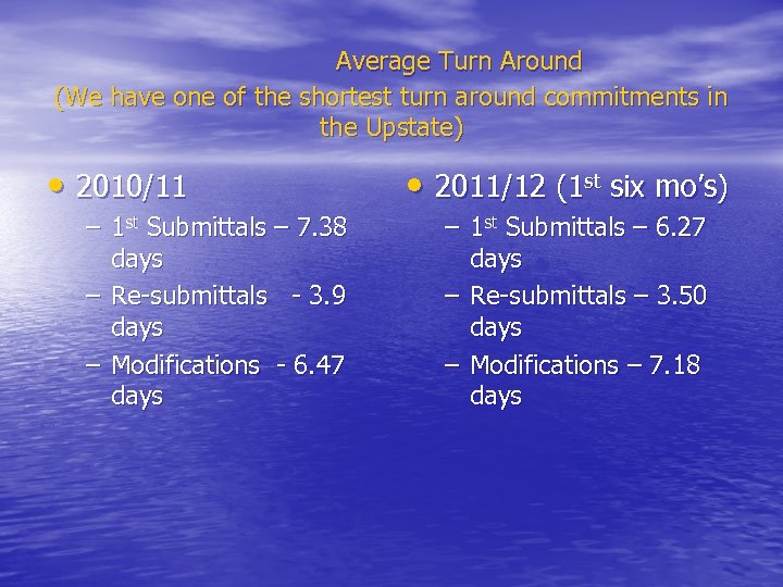Average Turn Around (We have one of the shortest turn around commitments in the