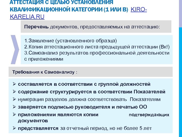 АТТЕСТАЦИЯ С ЦЕЛЬЮ УСТАНОВЛЕНИЯ КВАЛИФИКАЦИОННОЙ КАТЕГОРИИ (1 ИЛИ В) KIROKARELIA. RU Перечень документов, предоставляемых