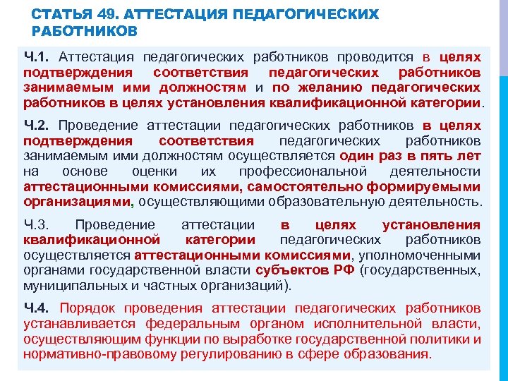 СТАТЬЯ 49. АТТЕСТАЦИЯ ПЕДАГОГИЧЕСКИХ РАБОТНИКОВ Ч. 1. Аттестация педагогических работников проводится в целях подтверждения