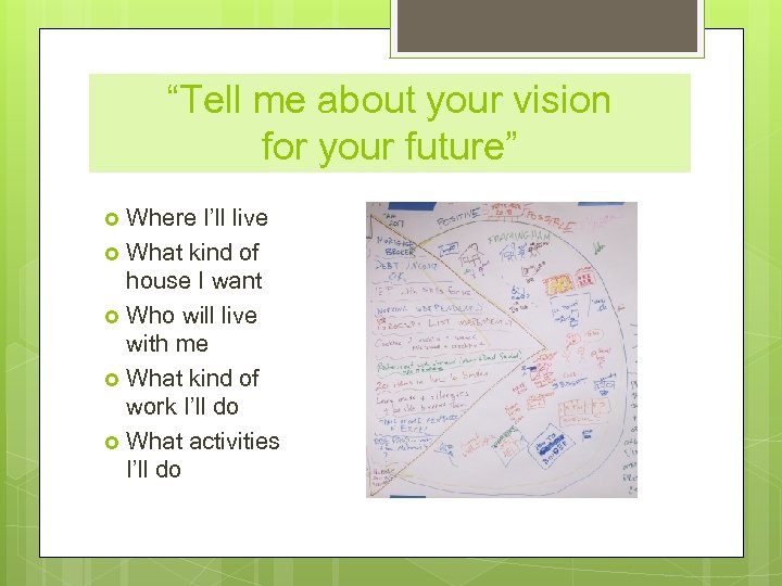 “Tell me about your vision for your future” Where I’ll live What kind of