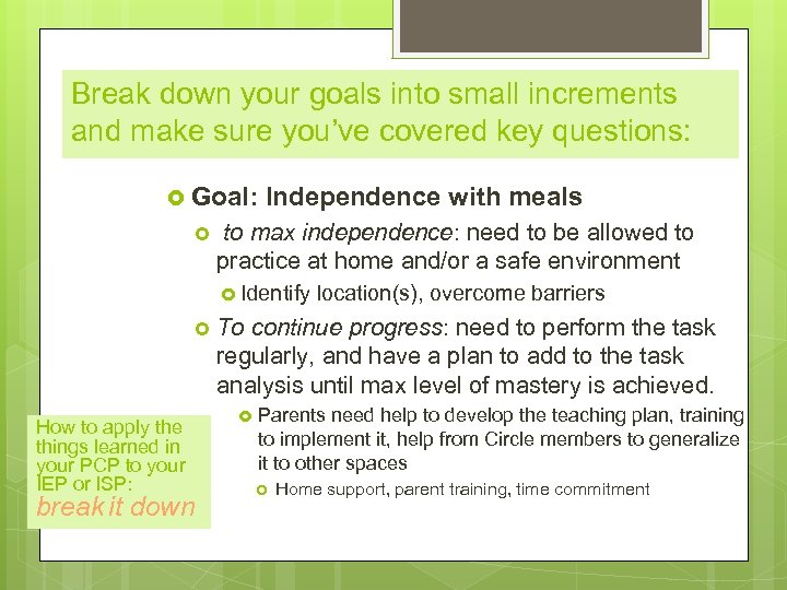 Break down your goals into small increments and make sure you’ve covered key questions: