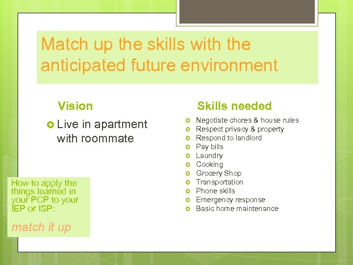 Match up the skills with the anticipated future environment Vision Live in apartment with