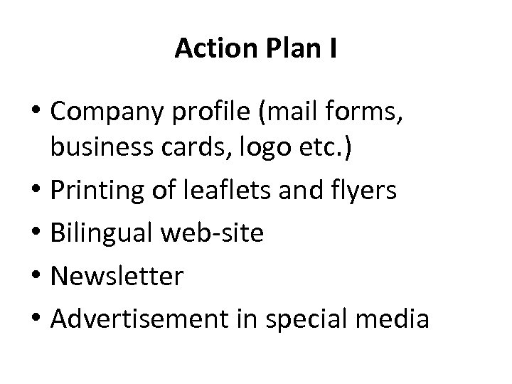 Action Plan I • Company profile (mail forms, business cards, logo etc. ) •