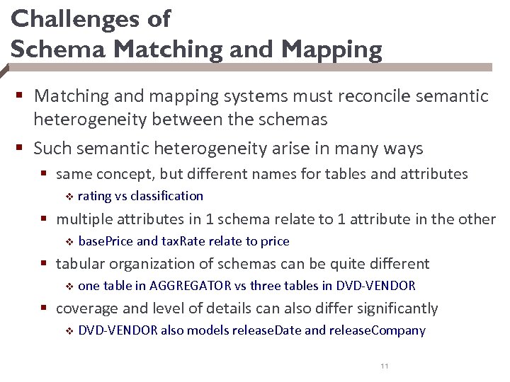 Challenges of Schema Matching and Mapping § Matching and mapping systems must reconcile semantic