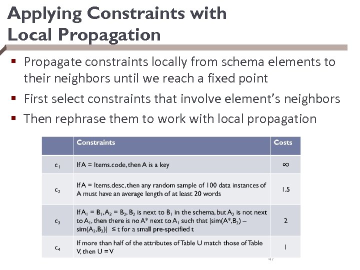 Applying Constraints with Local Propagation § Propagate constraints locally from schema elements to their