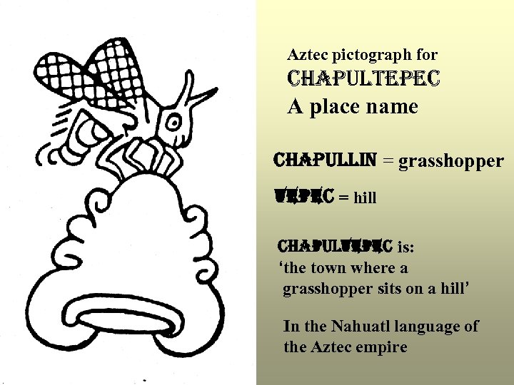 Aztec pictograph for chapultepec A place name chapullin = grasshopper tepec = hill chapultepec
