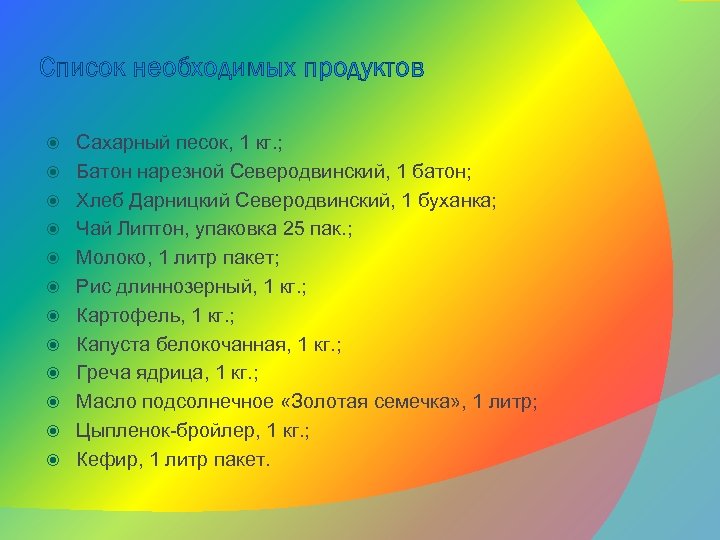 Список необходимых продуктов Сахарный песок, 1 кг. ; Батон нарезной Северодвинский, 1 батон; Хлеб