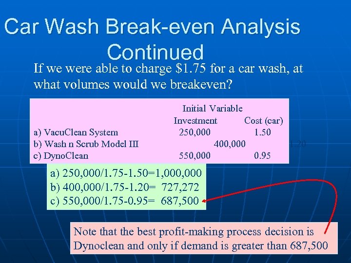 Car Wash Break-even Analysis Continued If we were able to charge $1. 75 for