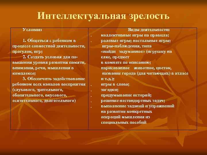 Интеллектуальная зрелость Условия: 1. Общаться с ребенком в процессе совместной деятельности, прогулок, игр; 2.