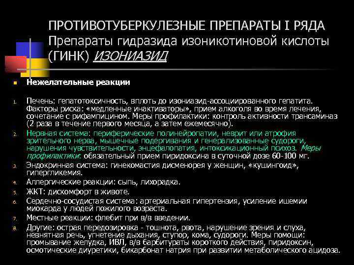ПРОТИВОТУБЕРКУЛЕЗНЫЕ ПРЕПАРАТЫ I РЯДА Препараты гидразида изоникотиновой кислоты (ГИНК) ИЗОНИАЗИД n 1. 2. 3.