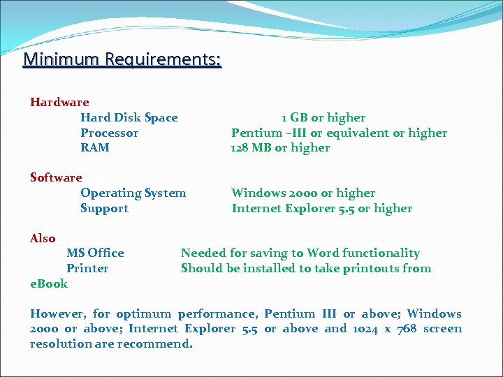 Minimum Requirements: Hardware Hard Disk Space Processor RAM 1 GB or higher Pentium –III