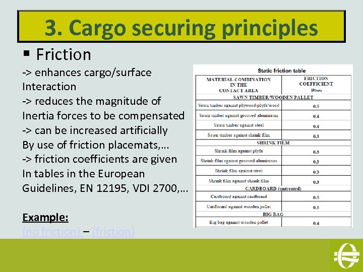 3. Cargo securing principles § Friction -> enhances cargo/surface Interaction -> reduces the magnitude