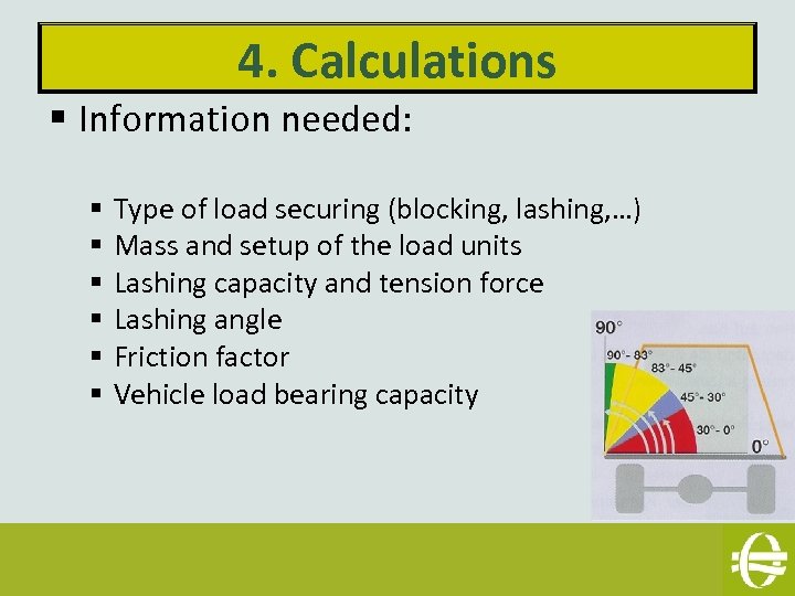 4. Calculations § Information needed: § § § Type of load securing (blocking, lashing,