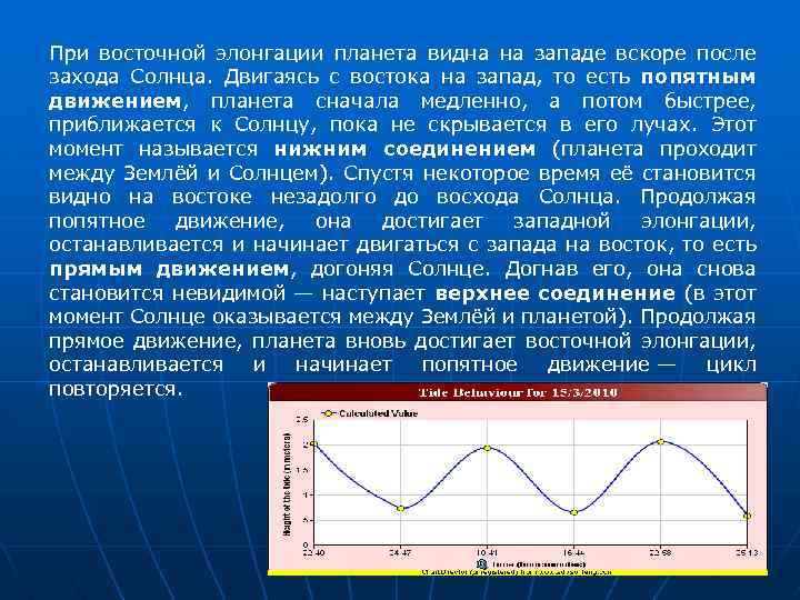 При восточной элонгации планета видна на западе вскоре после захода Солнца. Двигаясь с востока