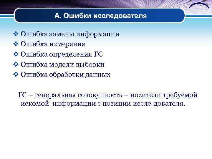 А. Ошибки исследователя v Ошибка замены информации v Ошибка измерения v Ошибка определения ГС