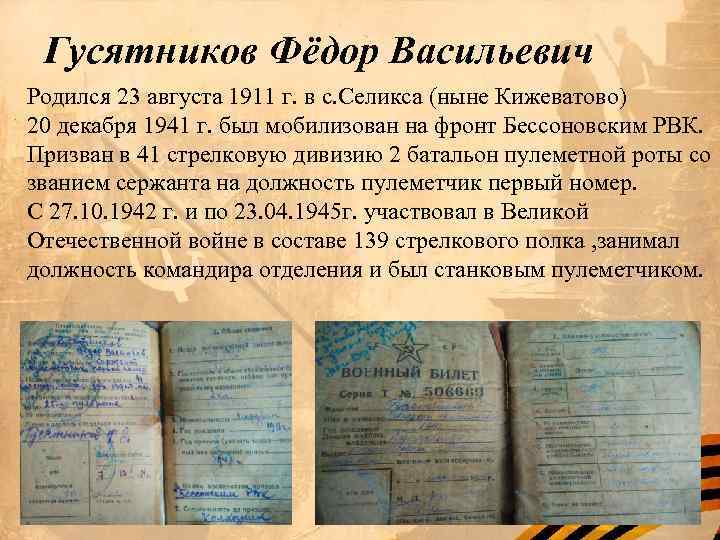 Гусятников Фёдор Васильевич Родился 23 августа 1911 г. в с. Селикса (ныне Кижеватово) 20