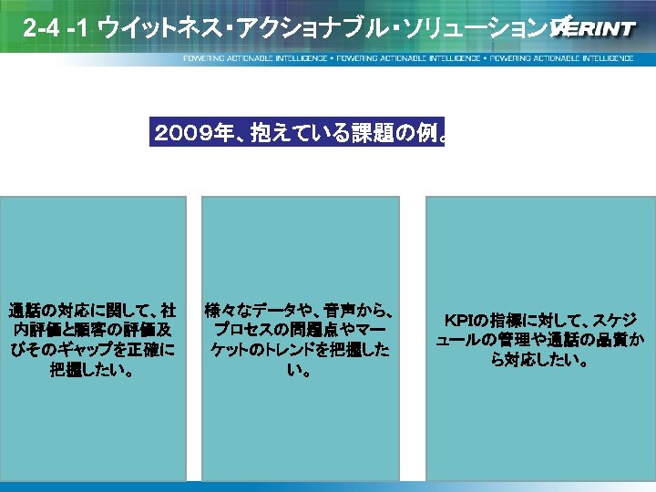 2 -4 -1 ウイットネス・アクショナブル・ソリューションズ　 ２００９年、抱えている課題の例。 通話の対応に関して、社 内評価と顧客の評価及 びそのギャップを正確に 把握したい。 様々なデータや、音声から、 プロセスの問題点やマー ケットのトレンドを把握した い。 ＫＰＩの指標に対して、スケジ