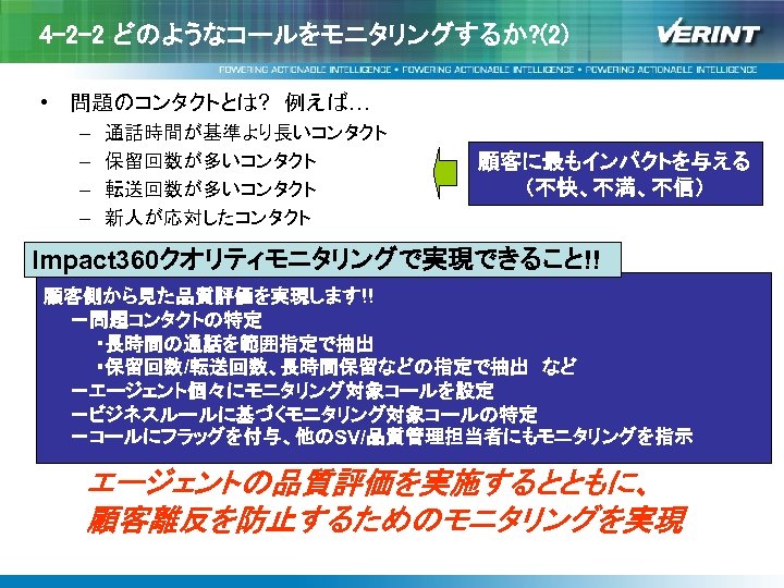 4 -2 -2 どのようなコールをモニタリングするか? (2) • 問題のコンタクトとは? 　例えば… – – 通話時間が基準より長いコンタクト 保留回数が多いコンタクト 転送回数が多いコンタクト 新人が応対したコンタクト