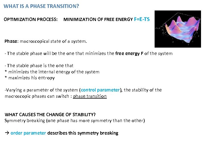 WHAT IS A PHASE TRANSITION? OPTIMIZATION PROCESS: MINIMIZATION OF FREE ENERGY F=E-TS Phase: macroscopical