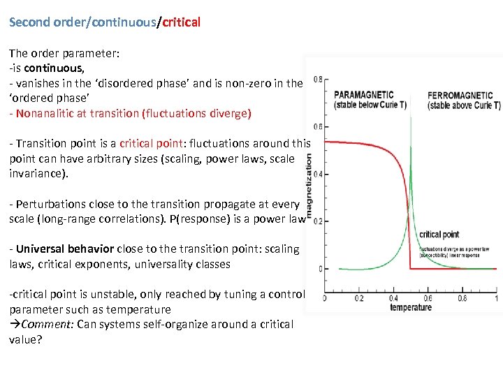 Second order/continuous/critical The order parameter: -is continuous, - vanishes in the ‘disordered phase’ and