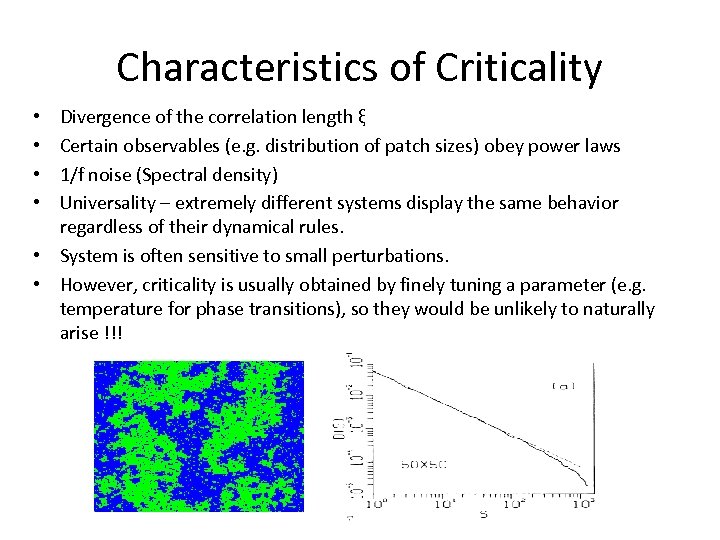 Characteristics of Criticality Divergence of the correlation length ξ Certain observables (e. g. distribution