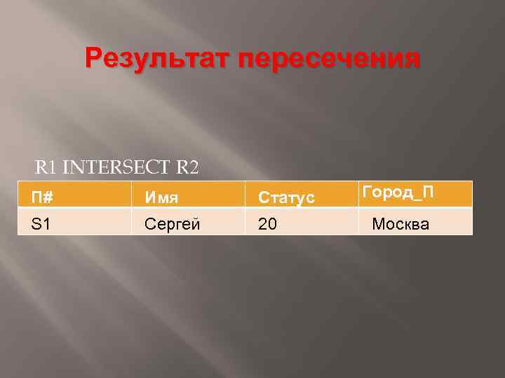 Результат пересечения R 1 INTERSECT R 2 П# Имя Статус S 1 Сергей 20