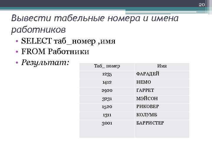 20 Вывести табельные номера и имена работников • SELECT таб_номер , имя • FROM