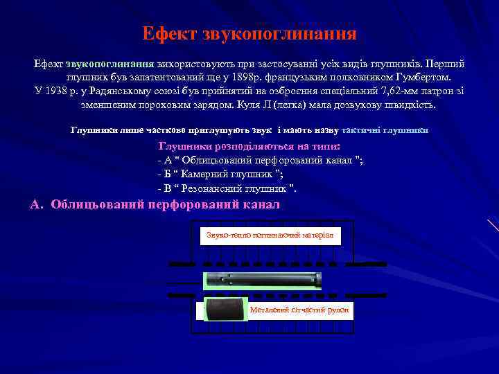 Ефект звукопоглинання використовують при застосуванні усіх видів глушників. Перший глушник був запатентований ще у