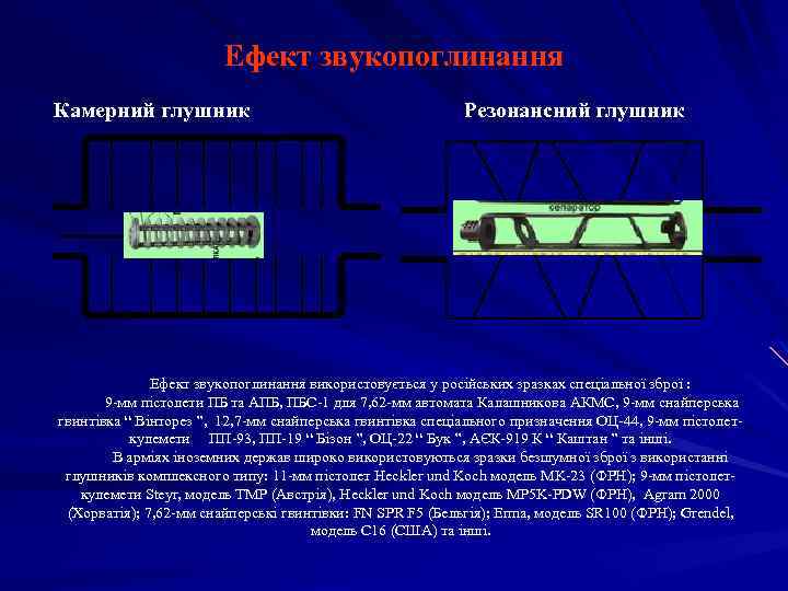 Ефект звукопоглинання Камерний глушник Резонансний глушник Ефект звукопоглинання використовується у російських зразках спеціальної зброї