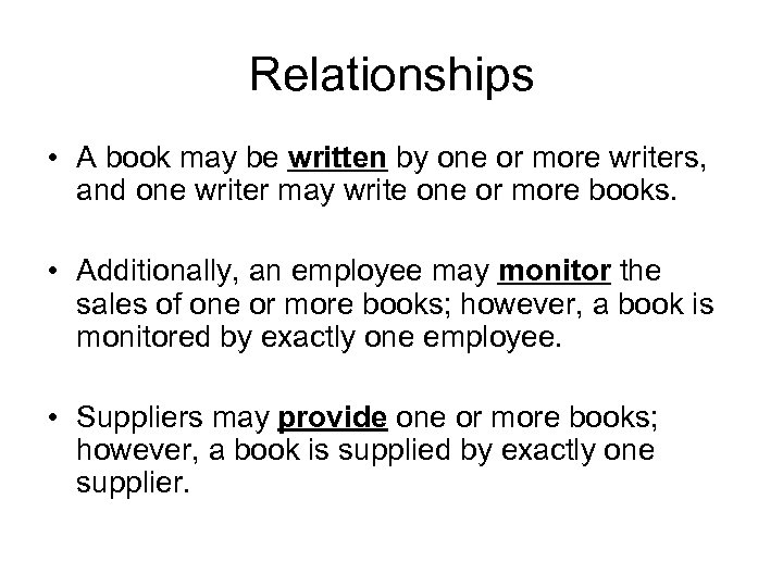Relationships • A book may be written by one or more writers, and one