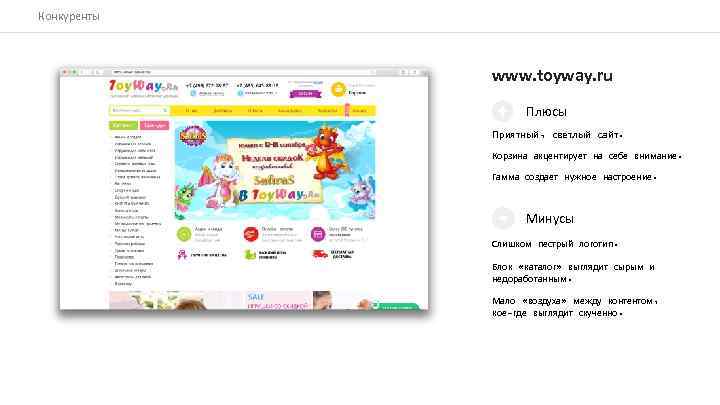 Конкуренты www. toyway. ru Плюсы Приятный, светлый сайт. Корзина акцентирует на себе внимание. Гамма