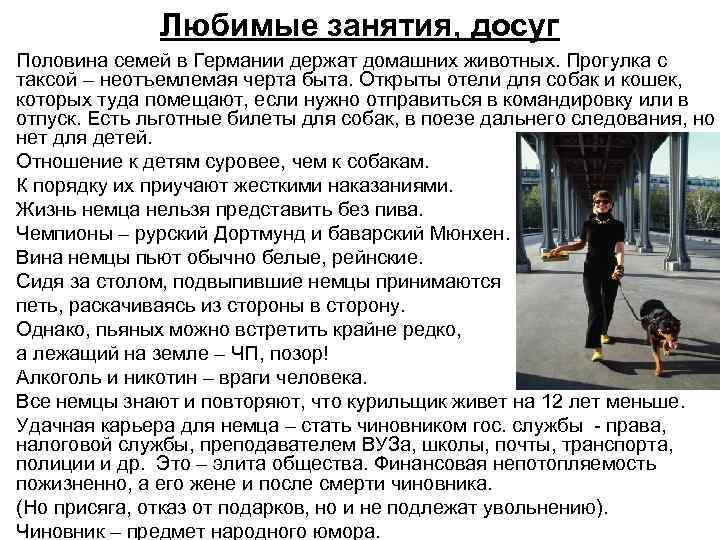 Любимые занятия, досуг Половина семей в Германии держат домашних животных. Прогулка с таксой –